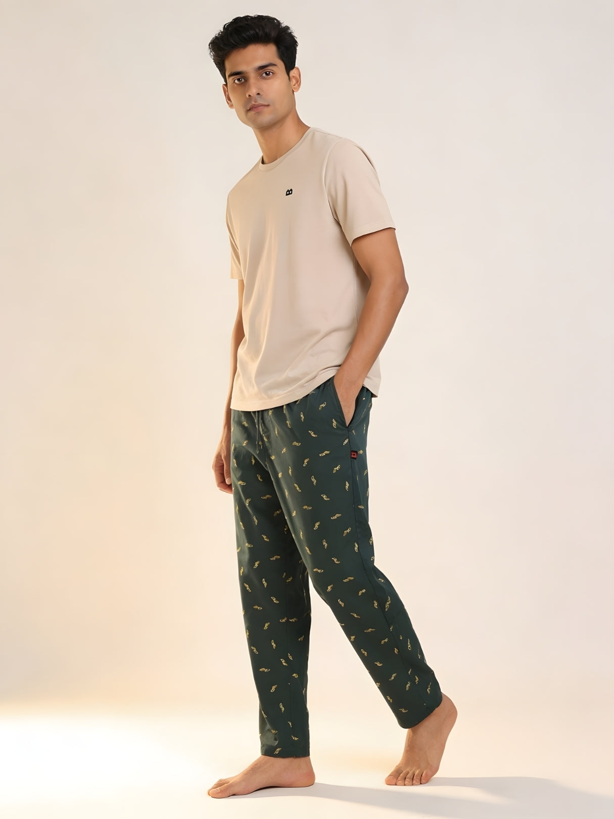 Boxy Crew Men's Night Suit Set - Beige T-Shirt & Dark Teal Printed Lounge Pyjama, 100% Cotton Sleepwear, No-Mark Elastic, Invisible Zip Pocket, Drawcord, Dual Pockets, – product image 2