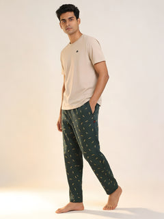 Boxy Crew Men's Night Suit Set - Beige T-Shirt & Dark Teal Printed Lounge Pyjama, 100% Cotton Sleepwear, No-Mark Elastic, Invisible Zip Pocket, Drawcord, Dual Pockets, – product image 2