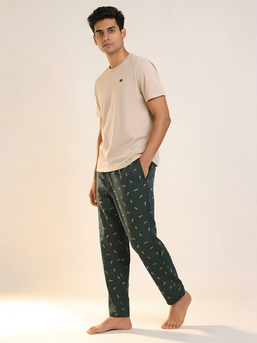 Boxy Crew Men's Night Suit Set - Beige T-Shirt & Dark Teal Printed Lounge Pyjama, 100% Cotton Sleepwear, No-Mark Elastic, Invisible Zip Pocket, Drawcord, Dual Pockets, – product image 2
