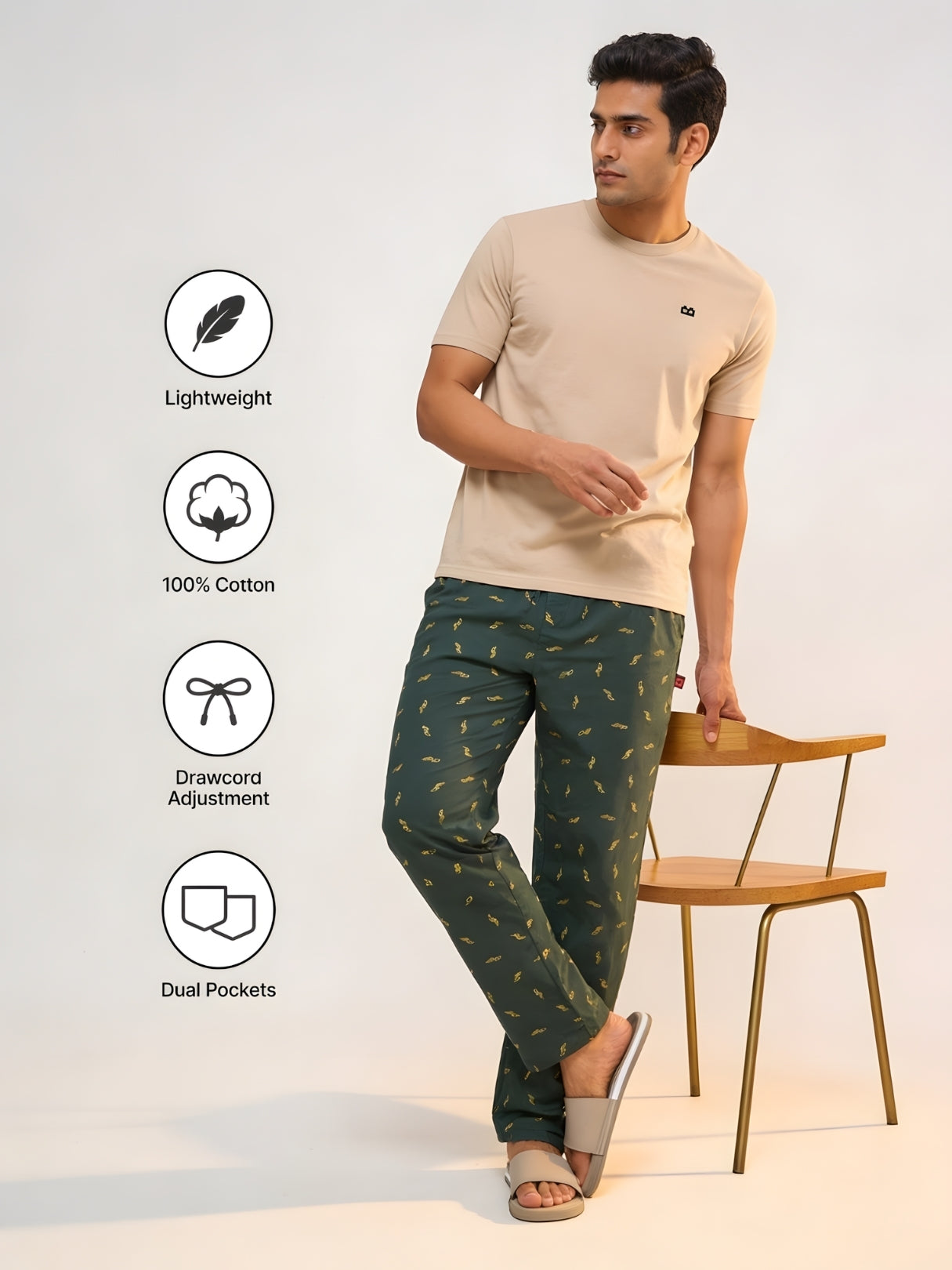 Boxy Crew Men's Night Suit Set - Beige T-Shirt & Dark Teal Printed Lounge Pyjama, 100% Cotton Sleepwear, No-Mark Elastic, Invisible Zip Pocket, Drawcord, Dual Pockets, – product image 5