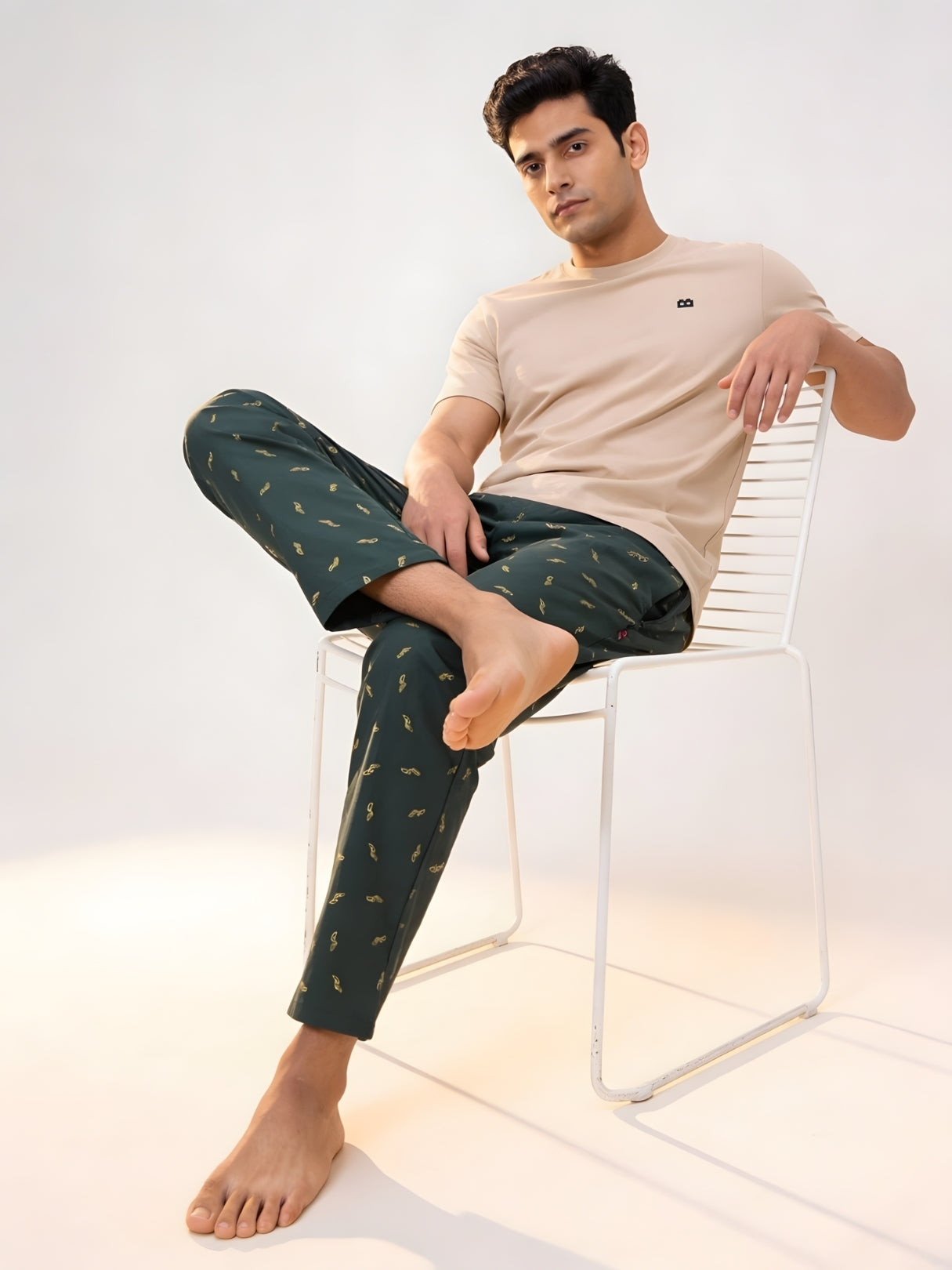 Boxy Crew Men's Night Suit Set - Beige T-Shirt & Dark Teal Printed Lounge Pyjama, 100% Cotton Sleepwear, No-Mark Elastic, Invisible Zip Pocket, Drawcord, Dual Pockets, – product image 7