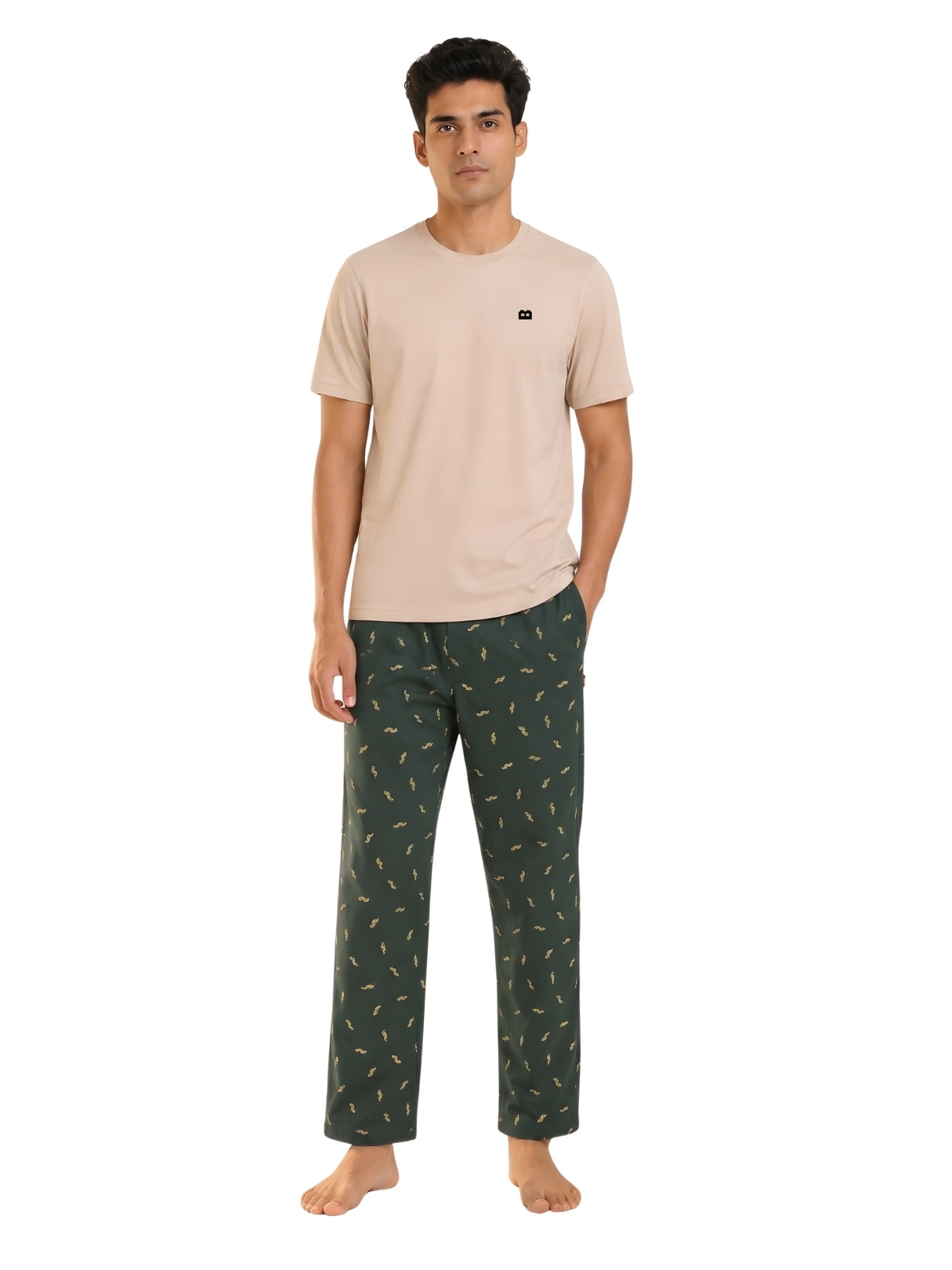 Boxy Crew Men's Night Suit Set - Beige T-Shirt & Dark Teal Printed Lounge Pyjama, 100% Cotton Sleepwear, No-Mark Elastic, Invisible Zip Pocket, Drawcord, Dual Pockets, – product image 8