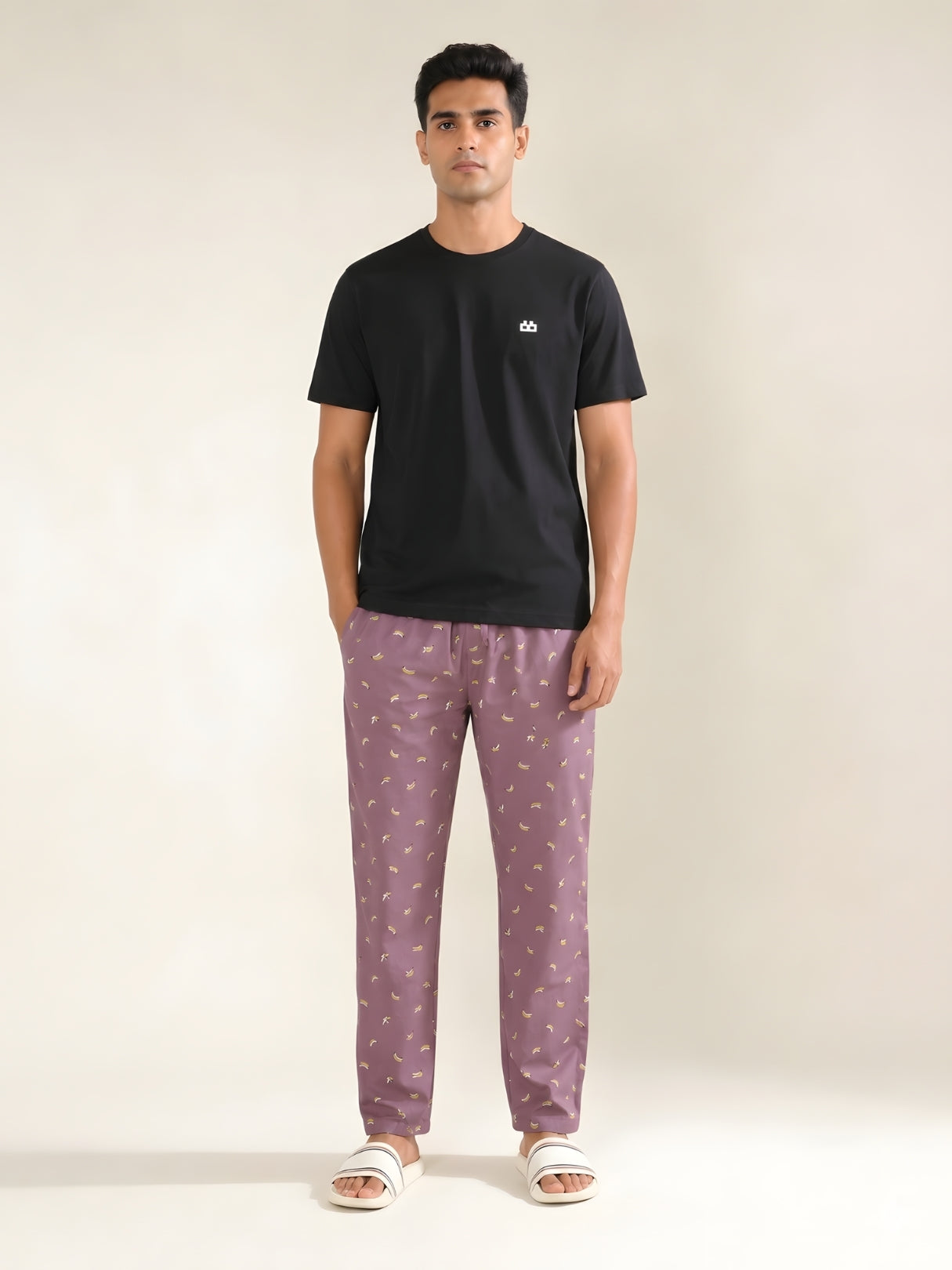 Boxy Crew Men's Night Suit Set - Black T-Shirt & Rose Pink Printed Lounge Pyjama, 100% Cotton Sleepwear, No-Mark Elastic, Invisible Zip Pocket, Drawcord, Dual Pockets, – product image 1