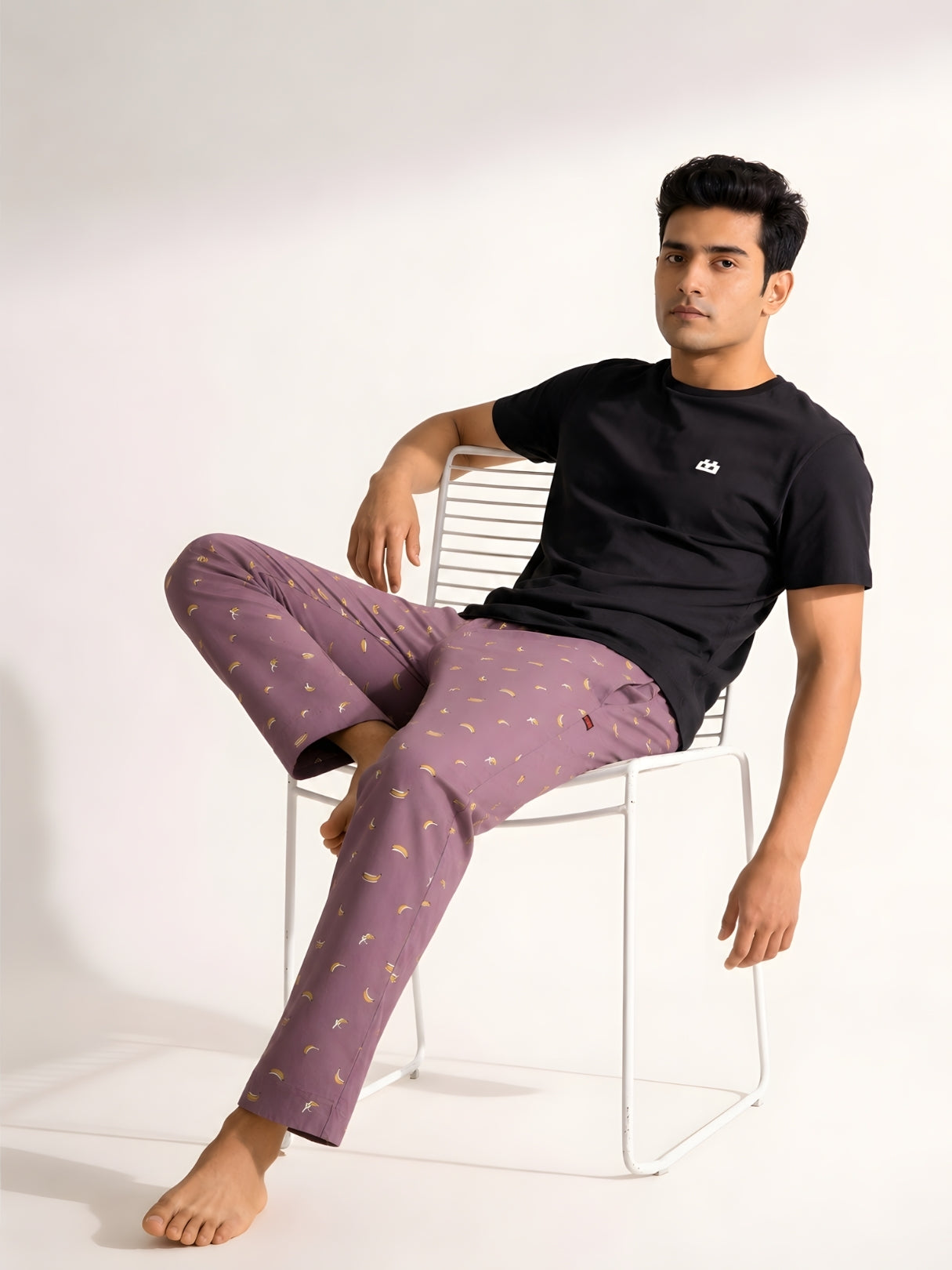Boxy Crew Men's Night Suit Set - Black T-Shirt & Rose Pink Printed Lounge Pyjama, 100% Cotton Sleepwear, No-Mark Elastic, Invisible Zip Pocket, Drawcord, Dual Pockets, – product image 2