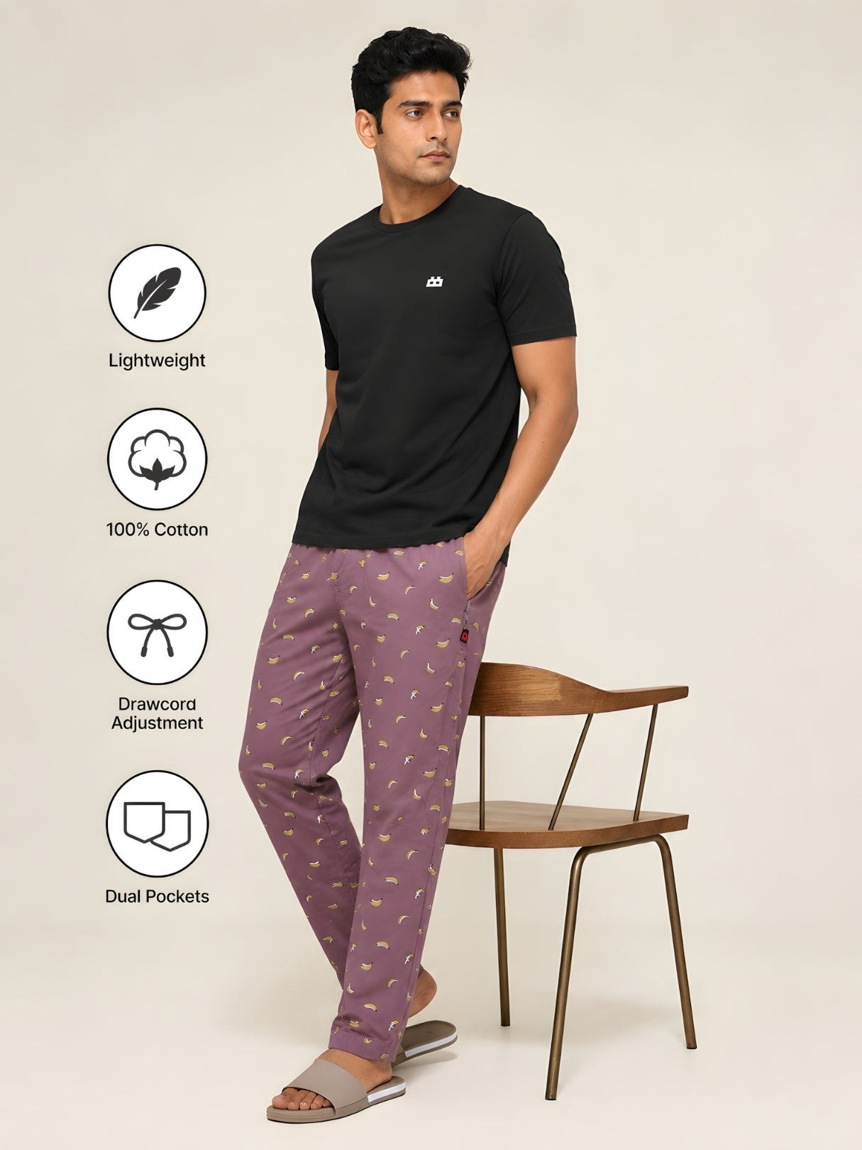 Boxy Crew Men's Night Suit Set - Black T-Shirt & Rose Pink Printed Lounge Pyjama, 100% Cotton Sleepwear, No-Mark Elastic, Invisible Zip Pocket, Drawcord, Dual Pockets, – product image 5