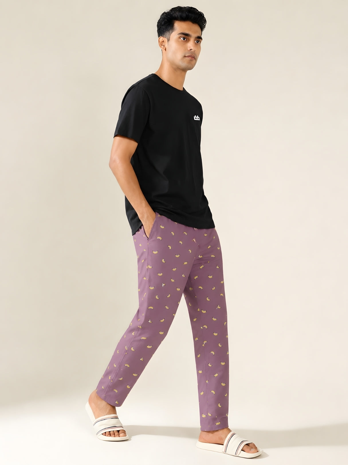 Boxy Crew Men's Night Suit Set - Black T-Shirt & Rose Pink Printed Lounge Pyjama, 100% Cotton Sleepwear, No-Mark Elastic, Invisible Zip Pocket, Drawcord, Dual Pockets, – product image 6