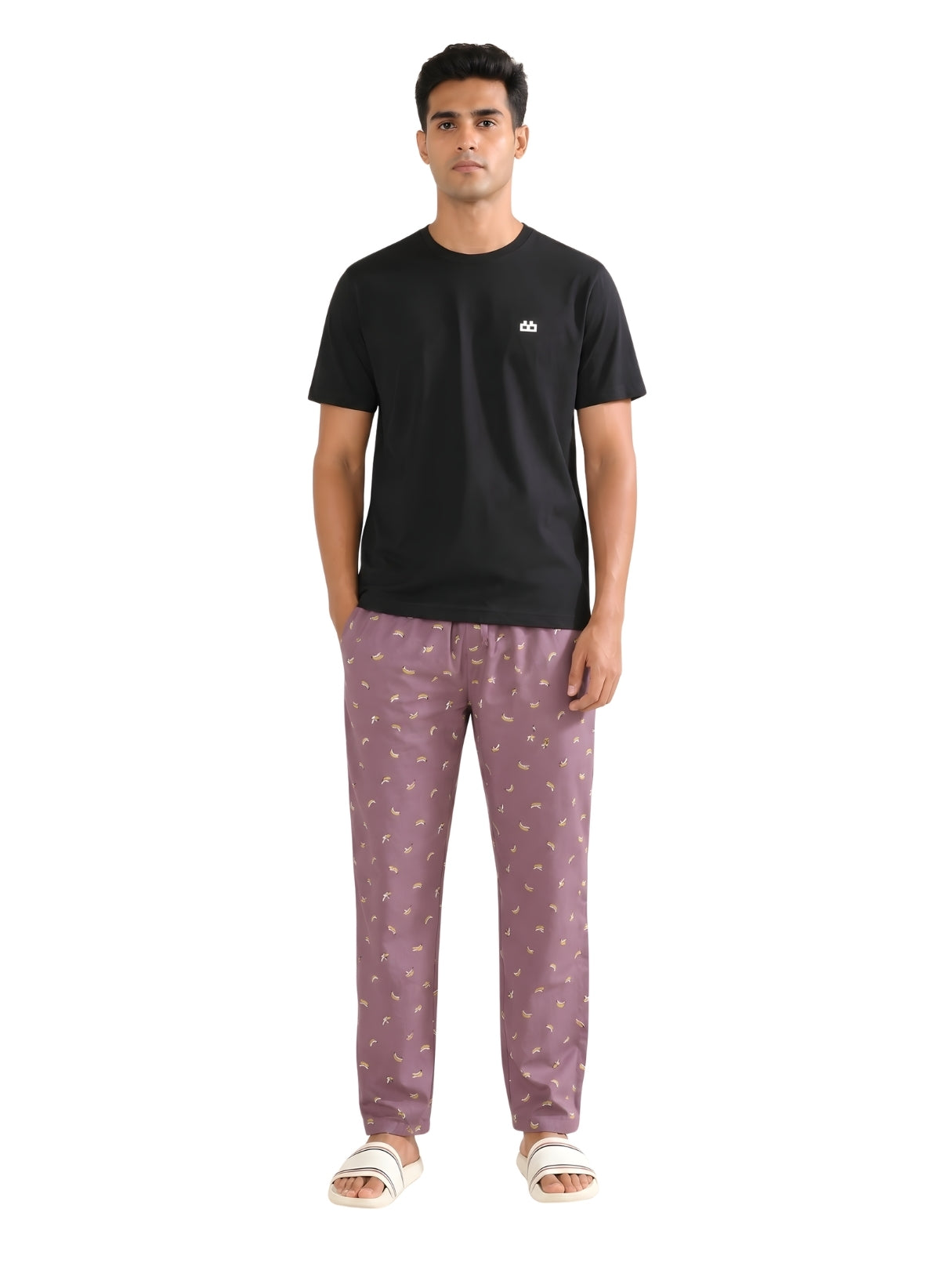 Boxy Crew Men's Night Suit Set - Black T-Shirt & Rose Pink Printed Lounge Pyjama, 100% Cotton Sleepwear, No-Mark Elastic, Invisible Zip Pocket, Drawcord, Dual Pockets, – product image 8