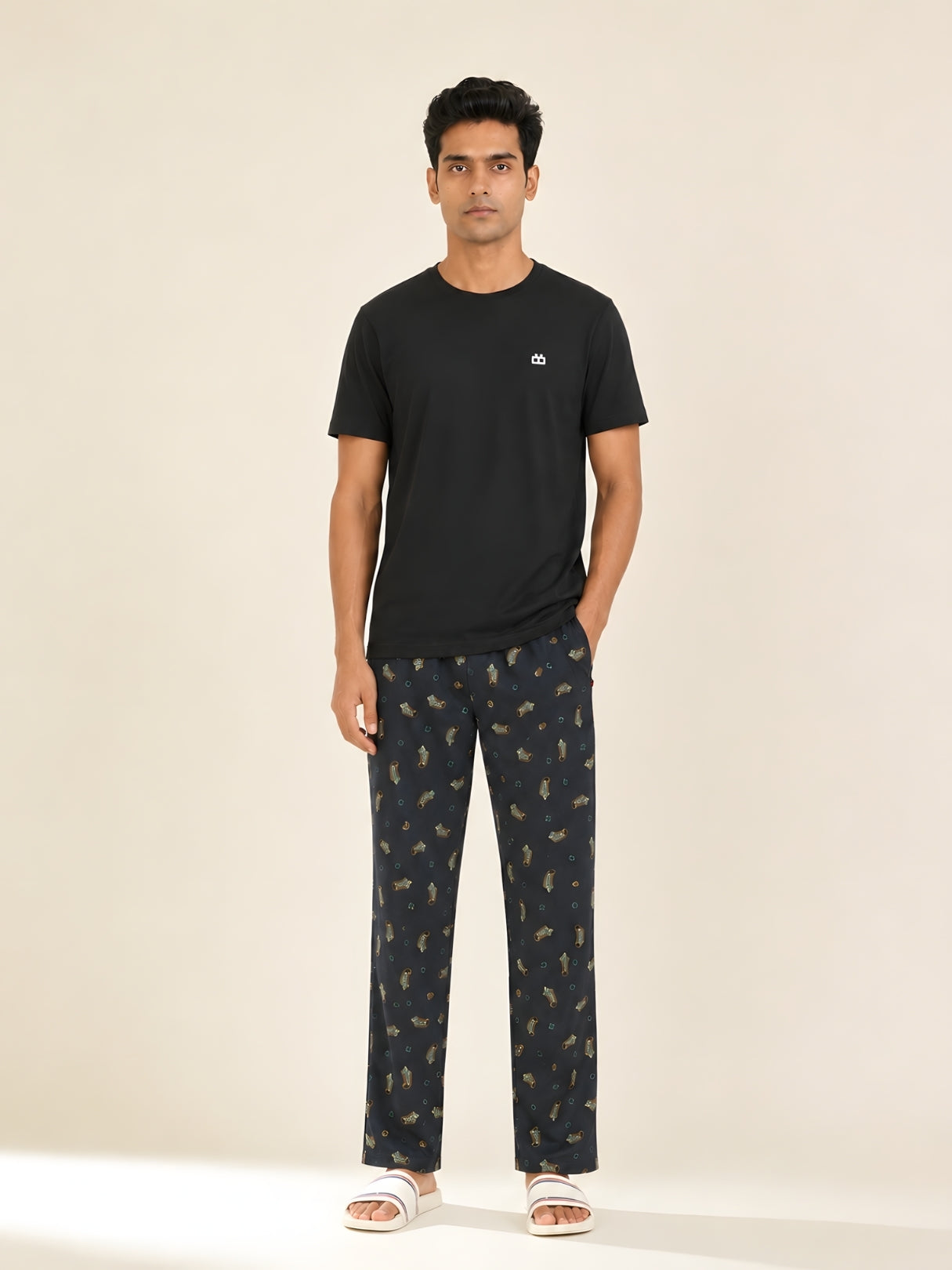 Boxy Crew Men's Night Suit Set - Black T-Shirt & Dark Teal Printed Lounge Pyjama, 100% Cotton Sleepwear, No-Mark Elastic, Invisible Zip Pocket, Drawcord, Dual Pockets, – product image 1