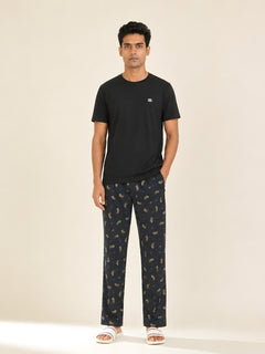 Boxy Crew Men's Night Suit Set - Black T-Shirt & Dark Teal Printed Lounge Pyjama, 100% Cotton Sleepwear, No-Mark Elastic, Invisible Zip Pocket, Drawcord, Dual Pockets, – product image 1