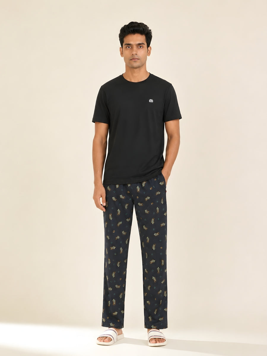 Boxy Crew Men's Night Suit Set - Black T-Shirt & Dark Teal Printed Lounge Pyjama, 100% Cotton Sleepwear, No-Mark Elastic, Invisible Zip Pocket, Drawcord, Dual Pockets, – product image 1