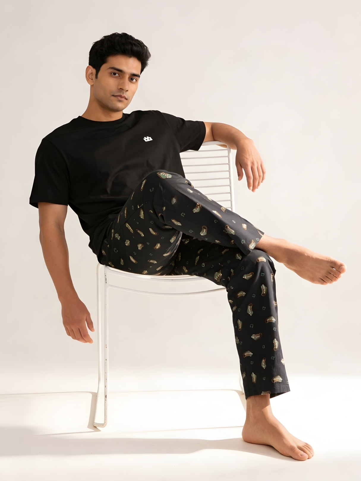 Boxy Crew Men's Night Suit Set - Black T-Shirt & Dark Teal Printed Lounge Pyjama, 100% Cotton Sleepwear, No-Mark Elastic, Invisible Zip Pocket, Drawcord, Dual Pockets, – product image 2