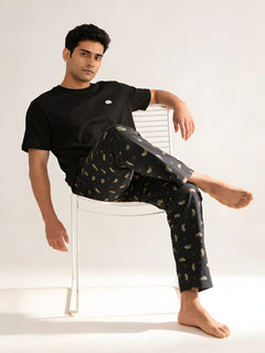 Boxy Crew Men's Night Suit Set - Black T-Shirt & Dark Teal Printed Lounge Pyjama, 100% Cotton Sleepwear, No-Mark Elastic, Invisible Zip Pocket, Drawcord, Dual Pockets, – product image 2