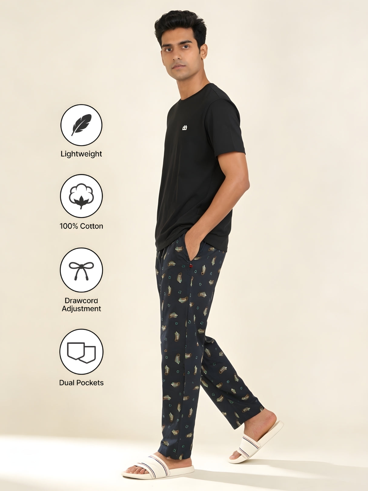 Boxy Crew Men's Night Suit Set - Black T-Shirt & Dark Teal Printed Lounge Pyjama, 100% Cotton Sleepwear, No-Mark Elastic, Invisible Zip Pocket, Drawcord, Dual Pockets, – product image 5