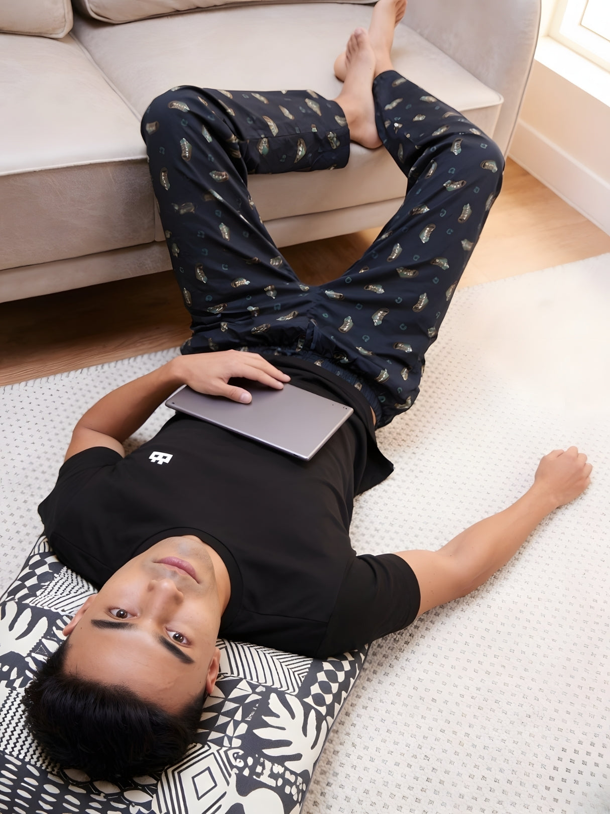 Boxy Crew Men's Night Suit Set - Black T-Shirt & Dark Teal Printed Lounge Pyjama, 100% Cotton Sleepwear, No-Mark Elastic, Invisible Zip Pocket, Drawcord, Dual Pockets, – product image 6