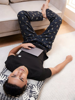 Boxy Crew Men's Night Suit Set - Black T-Shirt & Dark Teal Printed Lounge Pyjama, 100% Cotton Sleepwear, No-Mark Elastic, Invisible Zip Pocket, Drawcord, Dual Pockets, – product image 6