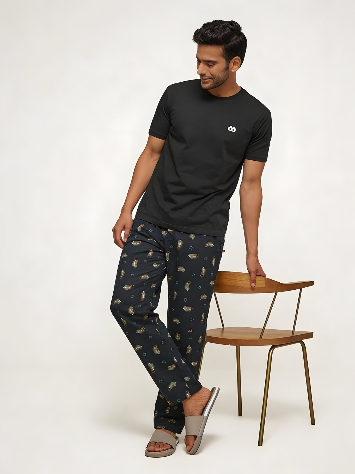 Boxy Crew Men's Night Suit Set - Black T-Shirt & Dark Teal Printed Lounge Pyjama, 100% Cotton Sleepwear, No-Mark Elastic, Invisible Zip Pocket, Drawcord, Dual Pockets, – product image 7