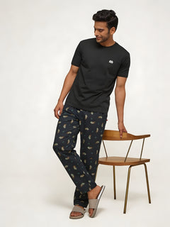 Boxy Crew Men's Night Suit Set - Black T-Shirt & Dark Teal Printed Lounge Pyjama, 100% Cotton Sleepwear, No-Mark Elastic, Invisible Zip Pocket, Drawcord, Dual Pockets, – product image 7