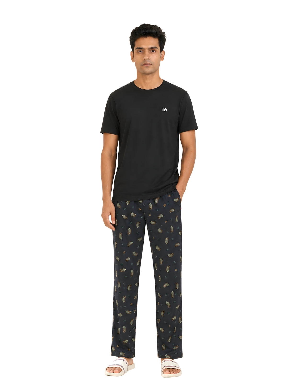 Boxy Crew Men's Night Suit Set - Black T-Shirt & Dark Teal Printed Lounge Pyjama, 100% Cotton Sleepwear, No-Mark Elastic, Invisible Zip Pocket, Drawcord, Dual Pockets, – product image 8