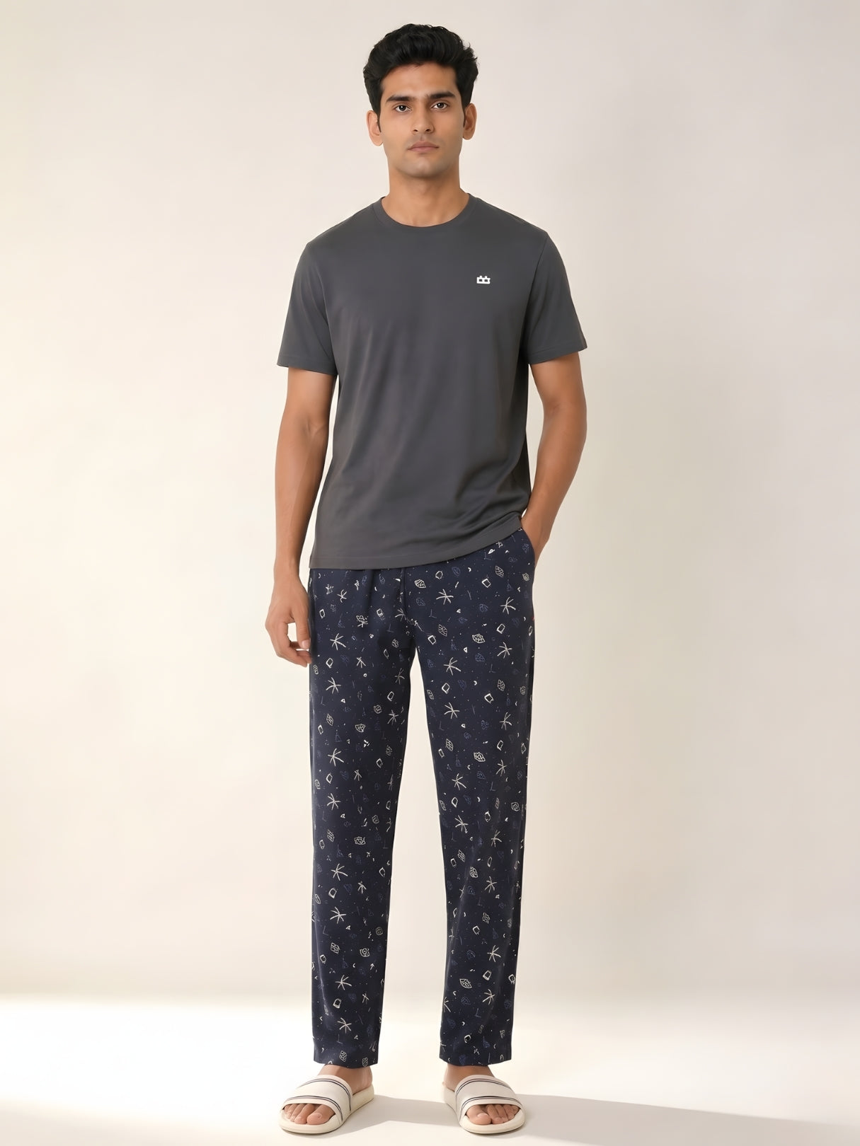 Boxy Crew Men's Night Suit Set - Charcoal Grey T-Shirt & Navy Blue Printed Lounge Pyjama, 100% Cotton Sleepwear, No-Mark Elastic, Invisible Zip Pocket, Drawcord, Dual Pockets, – product image 1