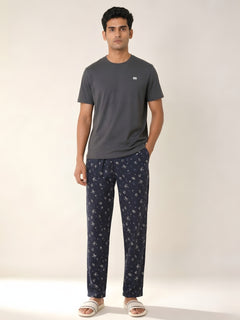 Boxy Crew Men's Night Suit Set - Charcoal Grey T-Shirt & Navy Blue Printed Lounge Pyjama, 100% Cotton Sleepwear, No-Mark Elastic, Invisible Zip Pocket, Drawcord, Dual Pockets, – product image 1