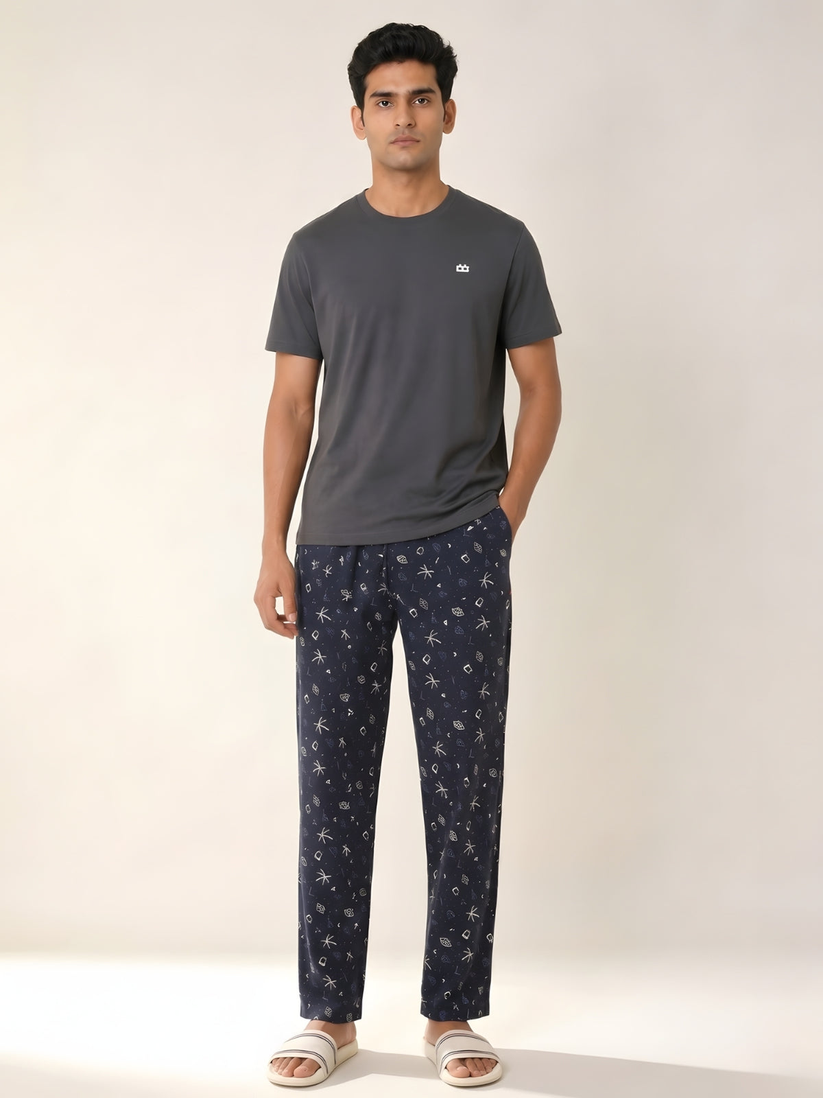 Boxy Crew Men's Night Suit Set - Charcoal Grey T-Shirt & Navy Blue Printed Lounge Pyjama, 100% Cotton Sleepwear, No-Mark Elastic, Invisible Zip Pocket, Drawcord, Dual Pockets, – product image 1