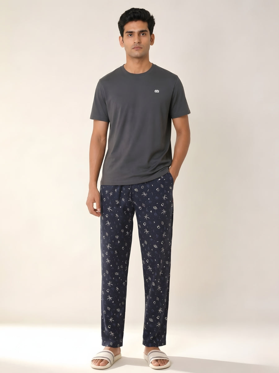 Boxy Crew Men's Night Suit Set - Charcoal Grey T-Shirt & Navy Blue Printed Lounge Pyjama, 100% Cotton Sleepwear, No-Mark Elastic, Invisible Zip Pocket, Drawcord, Dual Pockets, – product image 1