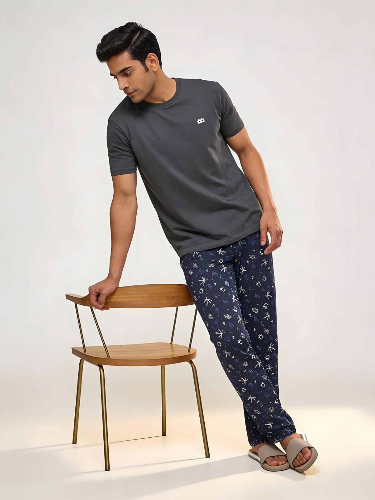 Boxy Crew Men's Night Suit Set - Charcoal Grey T-Shirt & Navy Blue Printed Lounge Pyjama, 100% Cotton Sleepwear, No-Mark Elastic, Invisible Zip Pocket, Drawcord, Dual Pockets, – product image 2