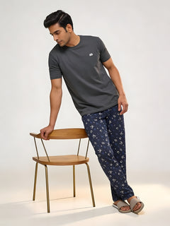 Boxy Crew Men's Night Suit Set - Charcoal Grey T-Shirt & Navy Blue Printed Lounge Pyjama, 100% Cotton Sleepwear, No-Mark Elastic, Invisible Zip Pocket, Drawcord, Dual Pockets, – product image 2