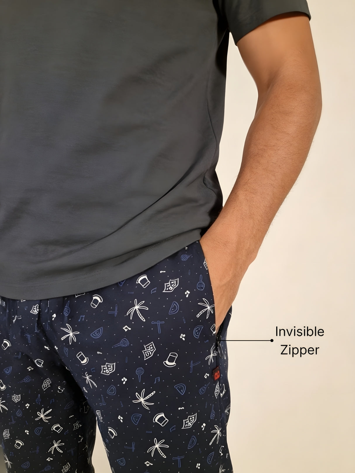 Boxy Crew Men's Night Suit Set - Charcoal Grey T-Shirt & Navy Blue Printed Lounge Pyjama, 100% Cotton Sleepwear, No-Mark Elastic, Invisible Zip Pocket, Drawcord, Dual Pockets, – product image 4
