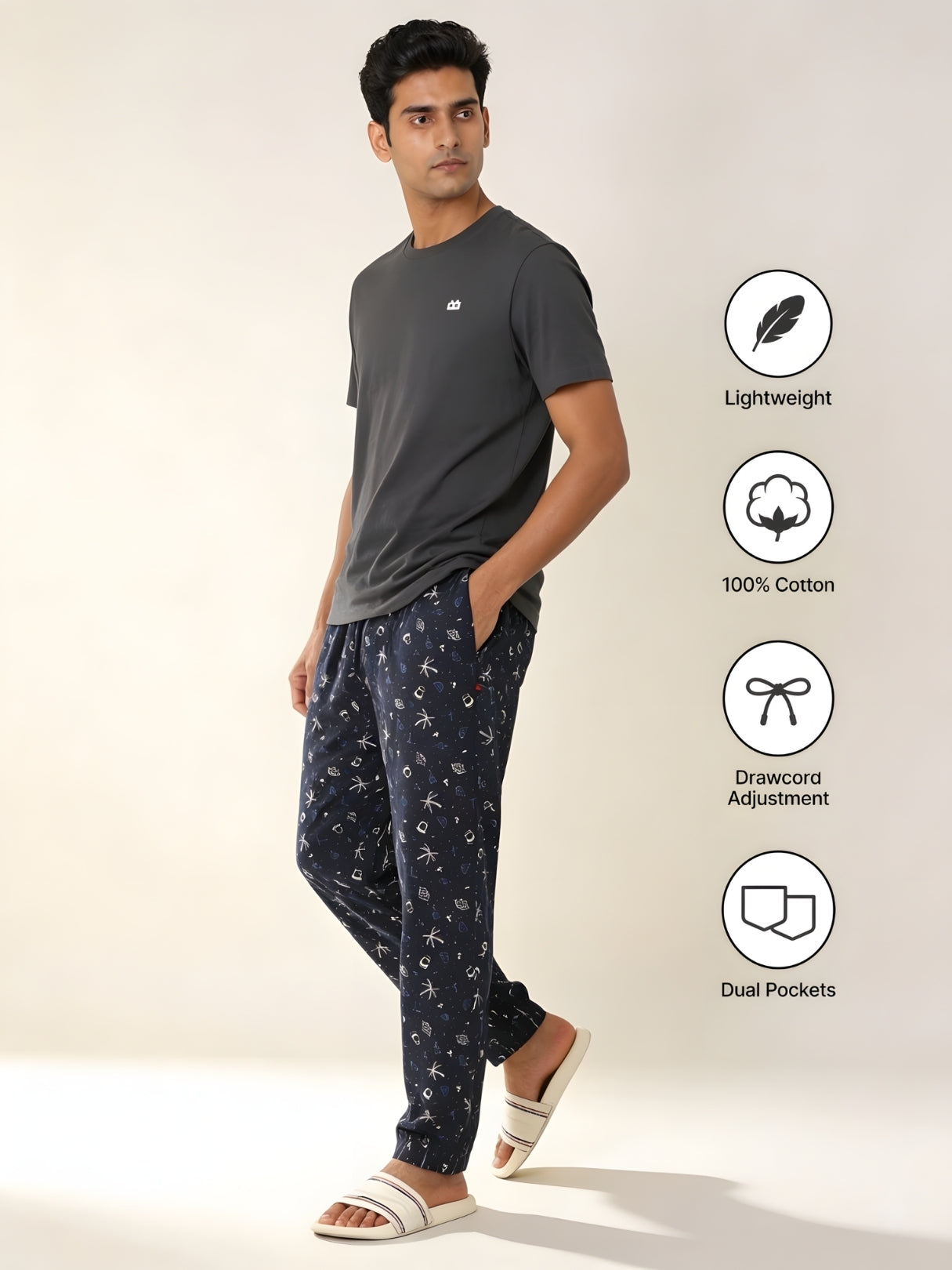 Boxy Crew Men's Night Suit Set - Charcoal Grey T-Shirt & Navy Blue Printed Lounge Pyjama, 100% Cotton Sleepwear, No-Mark Elastic, Invisible Zip Pocket, Drawcord, Dual Pockets, – product image 5