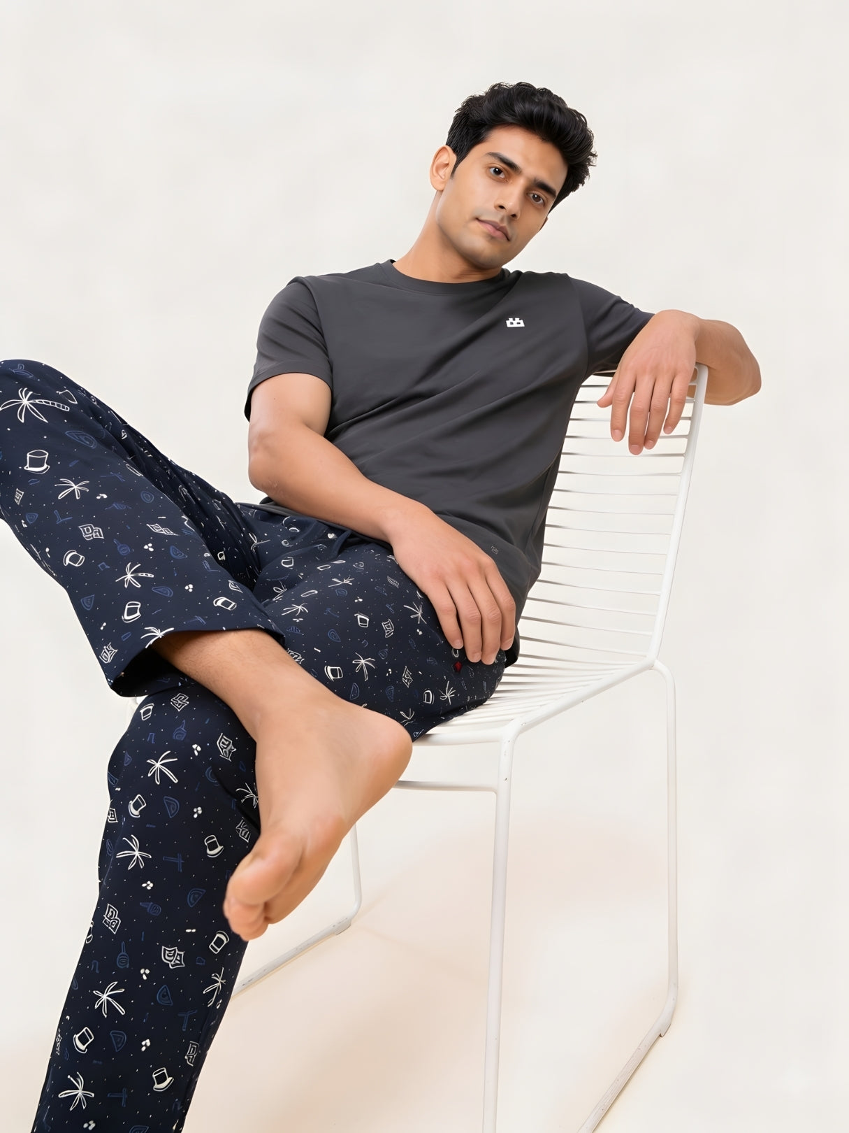 Boxy Crew Men's Night Suit Set - Charcoal Grey T-Shirt & Navy Blue Printed Lounge Pyjama, 100% Cotton Sleepwear, No-Mark Elastic, Invisible Zip Pocket, Drawcord, Dual Pockets, – product image 7