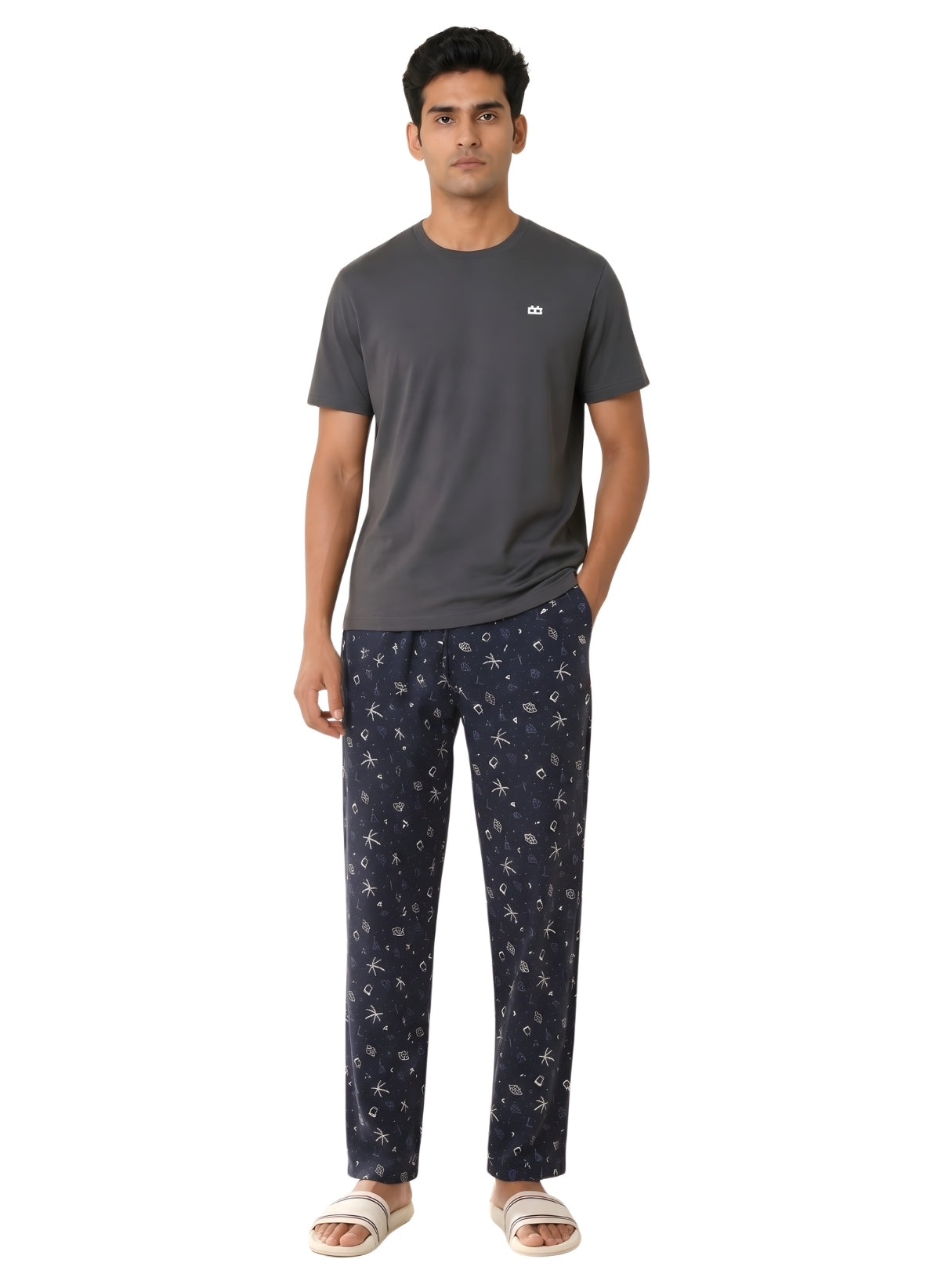 Boxy Crew Men's Night Suit Set - Charcoal Grey T-Shirt & Navy Blue Printed Lounge Pyjama, 100% Cotton Sleepwear, No-Mark Elastic, Invisible Zip Pocket, Drawcord, Dual Pockets, – product image 8