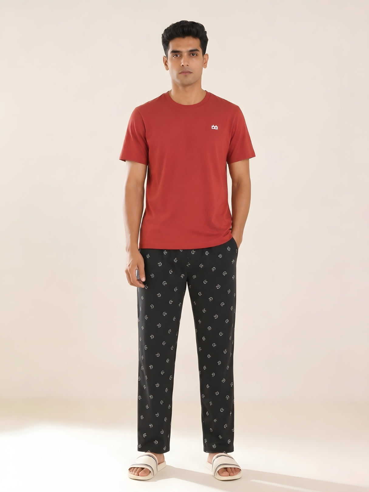 Boxy Crew Men's Night Suit Set - Maroon T-Shirt & Navy Blue Printed Lounge Pyjama, 100% Cotton Sleepwear, No-Mark Elastic, Invisible Zip Pocket, Drawcord, Dual Pockets, – product image 1