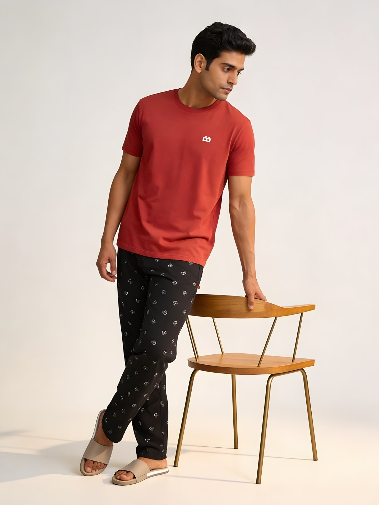Boxy Crew Men's Night Suit Set - Maroon T-Shirt & Navy Blue Printed Lounge Pyjama, 100% Cotton Sleepwear, No-Mark Elastic, Invisible Zip Pocket, Drawcord, Dual Pockets, – product image 2