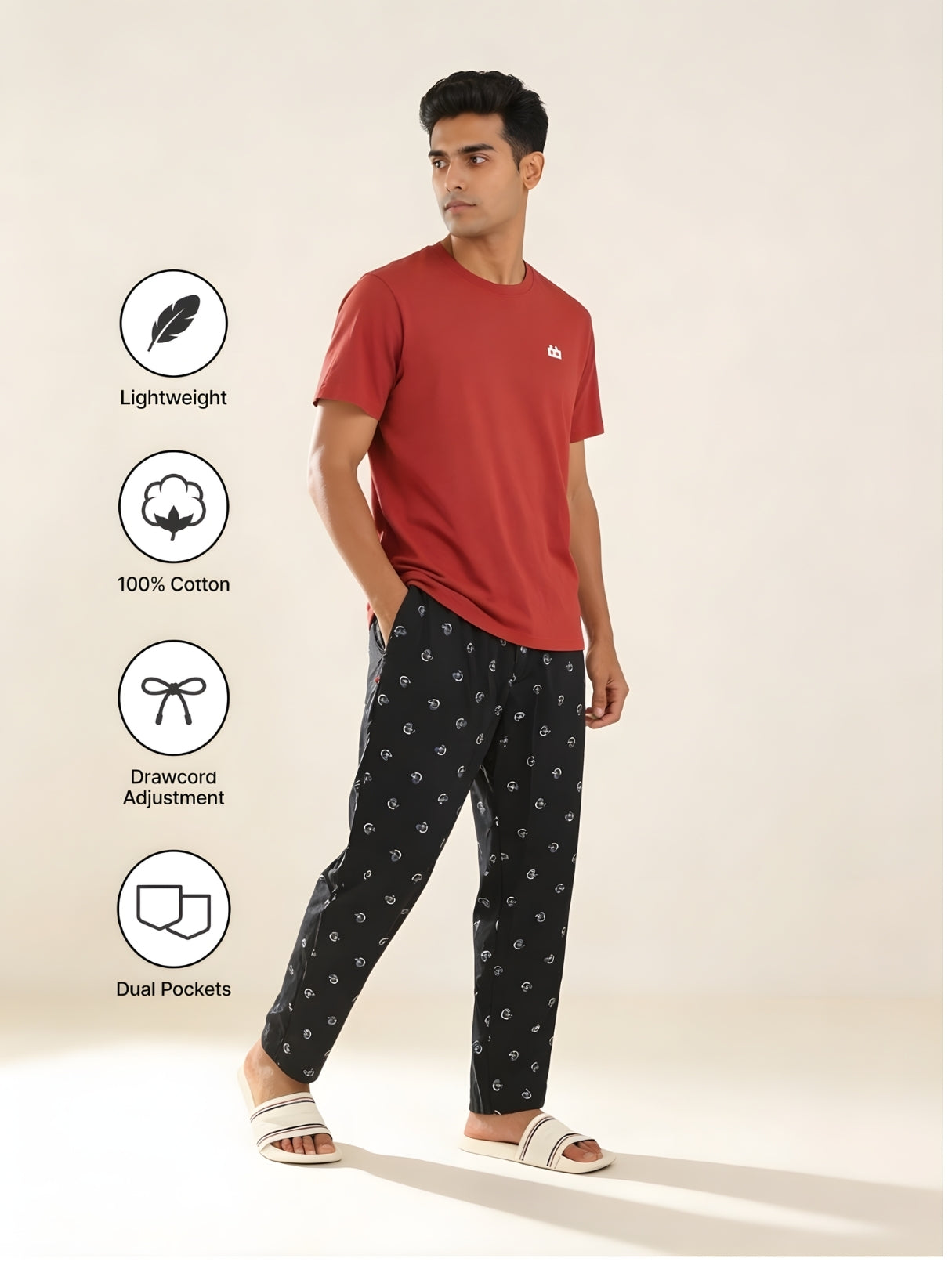 Boxy Crew Men's Night Suit Set - Maroon T-Shirt & Navy Blue Printed Lounge Pyjama, 100% Cotton Sleepwear, No-Mark Elastic, Invisible Zip Pocket, Drawcord, Dual Pockets, – product image 5