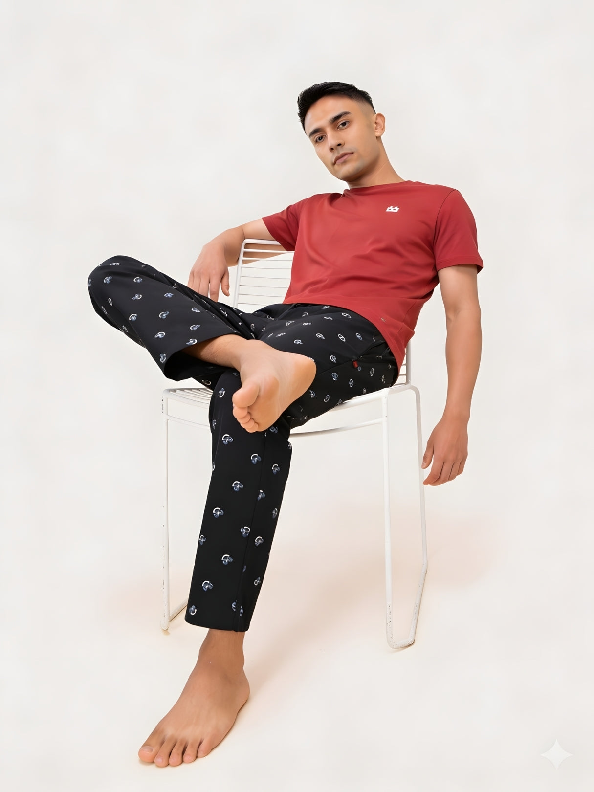 Boxy Crew Men's Night Suit Set - Maroon T-Shirt & Navy Blue Printed Lounge Pyjama, 100% Cotton Sleepwear, No-Mark Elastic, Invisible Zip Pocket, Drawcord, Dual Pockets, – product image 6