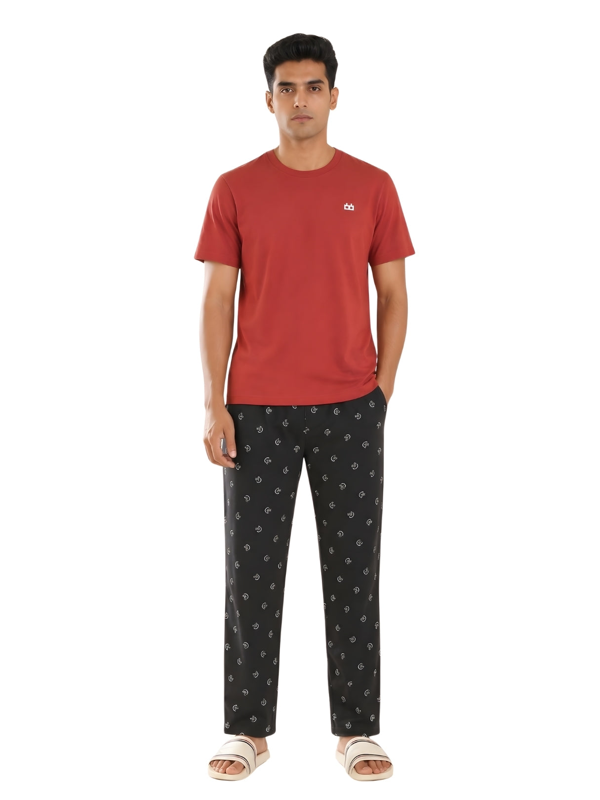Boxy Crew Men's Night Suit Set - Maroon T-Shirt & Navy Blue Printed Lounge Pyjama, 100% Cotton Sleepwear, No-Mark Elastic, Invisible Zip Pocket, Drawcord, Dual Pockets, – product image 8