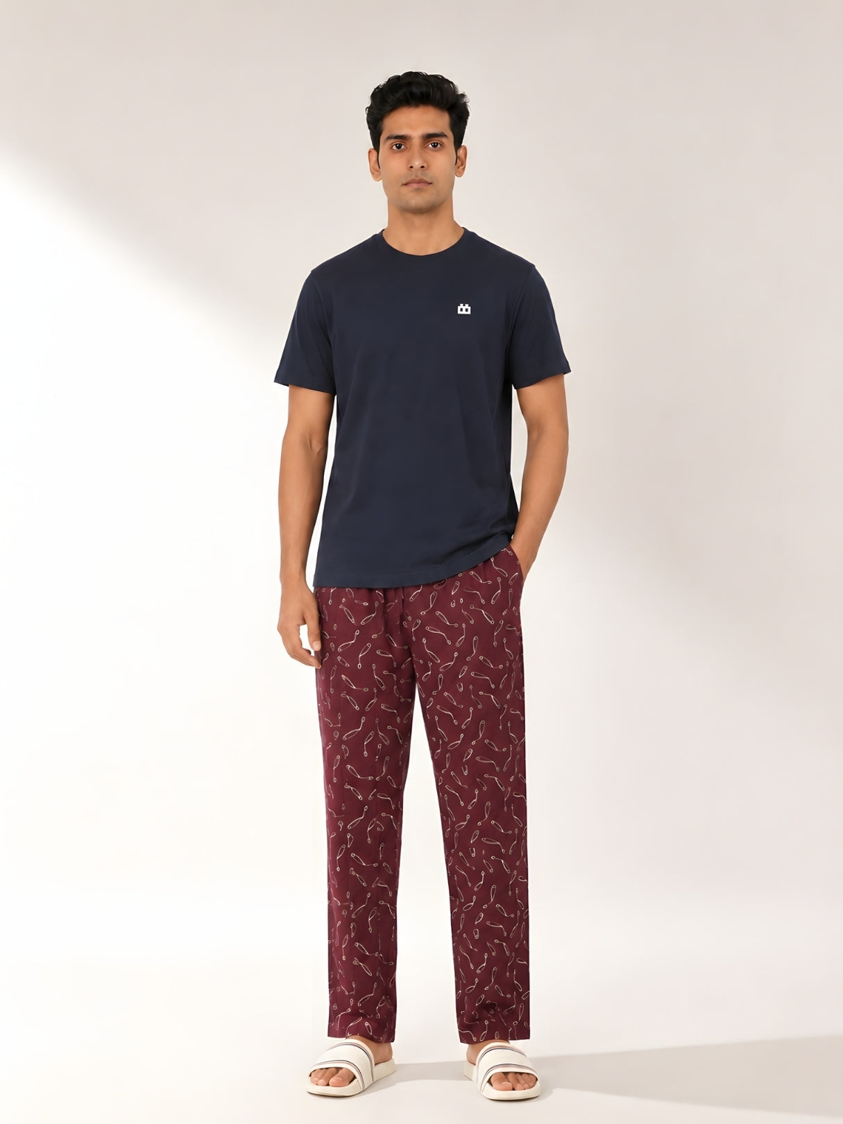 Boxy Crew Men's Night Suit Set - Navy Blue T-Shirt & Maroon Printed Lounge Pyjama, 100% Cotton Sleepwear, No-Mark Elastic, Invisible Zip Pocket, Drawcord, Dual Pockets, – product image 1