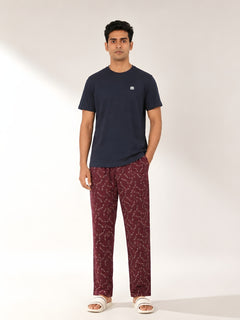 Boxy Crew Men's Night Suit Set - Navy Blue T-Shirt & Maroon Printed Lounge Pyjama, 100% Cotton Sleepwear, No-Mark Elastic, Invisible Zip Pocket, Drawcord, Dual Pockets, – product image 1
