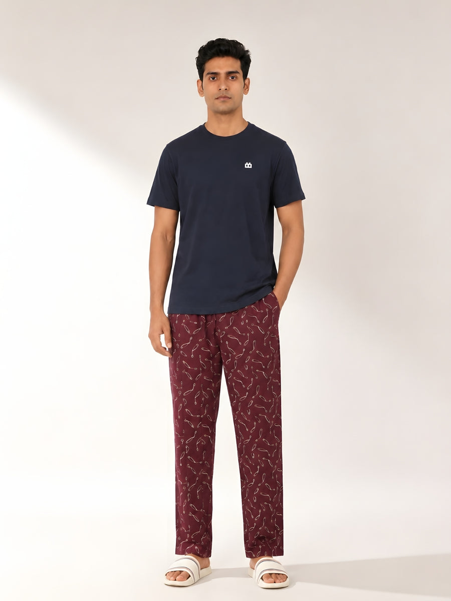 Boxy Crew Men's Night Suit Set - Navy Blue T-Shirt & Maroon Printed Lounge Pyjama, 100% Cotton Sleepwear, No-Mark Elastic, Invisible Zip Pocket, Drawcord, Dual Pockets, – product image 1