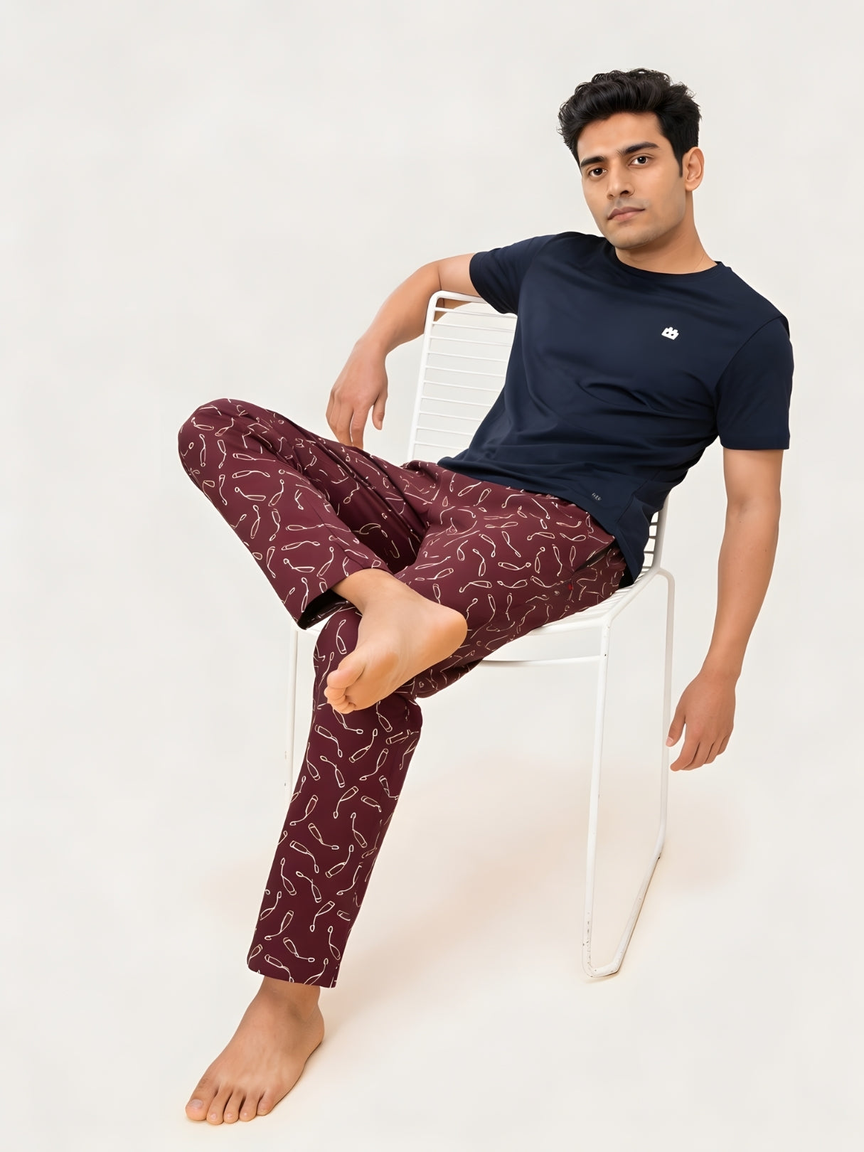Boxy Crew Men's Night Suit Set - Navy Blue T-Shirt & Maroon Printed Lounge Pyjama, 100% Cotton Sleepwear, No-Mark Elastic, Invisible Zip Pocket, Drawcord, Dual Pockets, – product image 2
