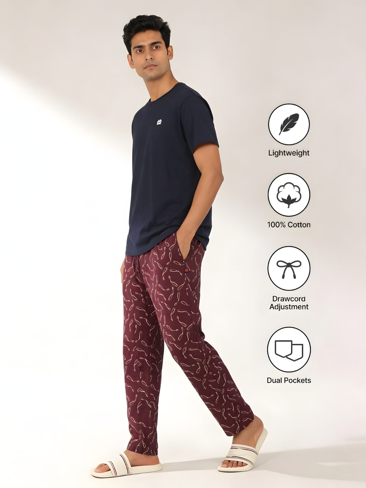Boxy Crew Men's Night Suit Set - Navy Blue T-Shirt & Maroon Printed Lounge Pyjama, 100% Cotton Sleepwear, No-Mark Elastic, Invisible Zip Pocket, Drawcord, Dual Pockets, – product image 5