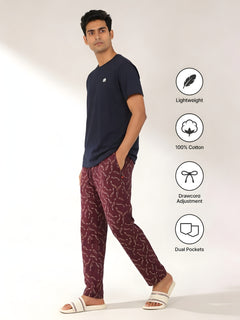 Boxy Crew Men's Night Suit Set - Navy Blue T-Shirt & Maroon Printed Lounge Pyjama, 100% Cotton Sleepwear, No-Mark Elastic, Invisible Zip Pocket, Drawcord, Dual Pockets, – product image 5
