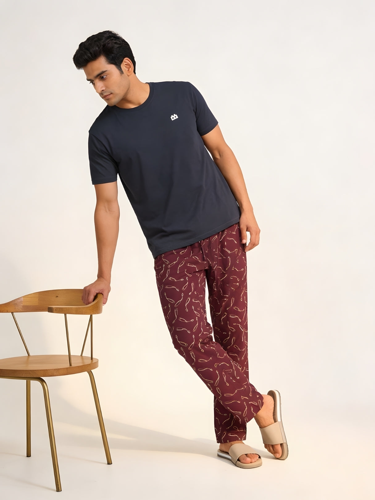 Boxy Crew Men's Night Suit Set - Navy Blue T-Shirt & Maroon Printed Lounge Pyjama, 100% Cotton Sleepwear, No-Mark Elastic, Invisible Zip Pocket, Drawcord, Dual Pockets, – product image 6