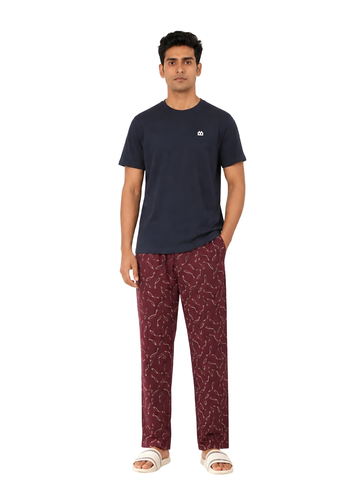 Boxy Crew Men's Night Suit Set - Navy Blue T-Shirt & Maroon Printed Lounge Pyjama, 100% Cotton Sleepwear, No-Mark Elastic, Invisible Zip Pocket, Drawcord, Dual Pockets, – product image 8