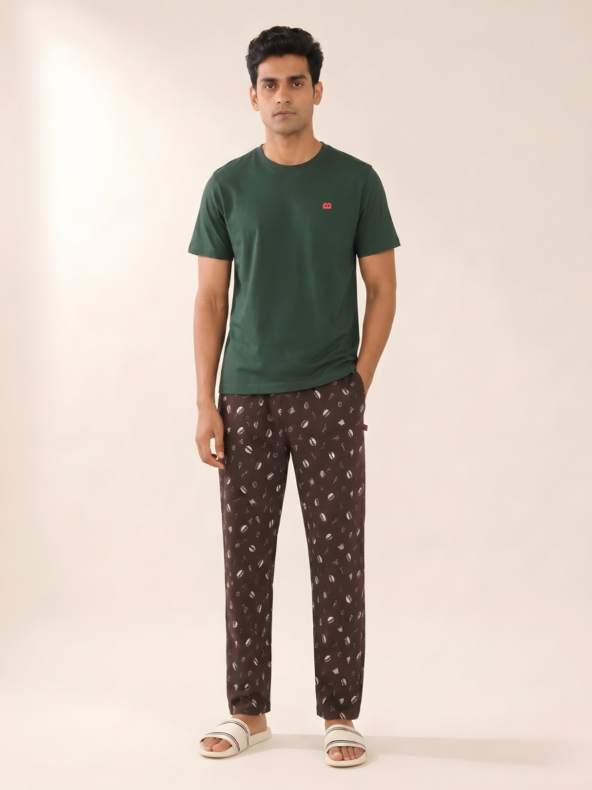 Boxy Crew Men's Night Suit Set - Green T-Shirt & Brown Printed Lounge Pyjama, 100% Cotton Sleepwear, No-Mark Elastic, Invisible Zip Pocket, Drawcord, Dual Pockets, Relaxed Fit, – product image 1
