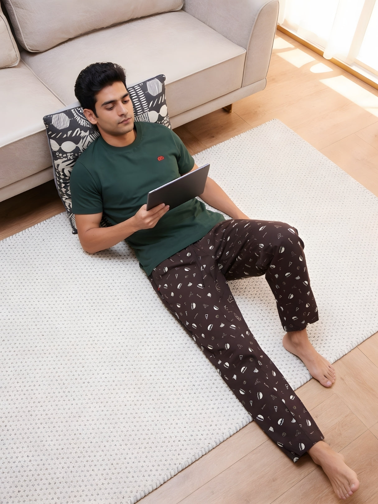 Boxy Crew Men's Night Suit Set - Green T-Shirt & Brown Printed Lounge Pyjama, 100% Cotton Sleepwear, No-Mark Elastic, Invisible Zip Pocket, Drawcord, Dual Pockets, Relaxed Fit, – product image 2
