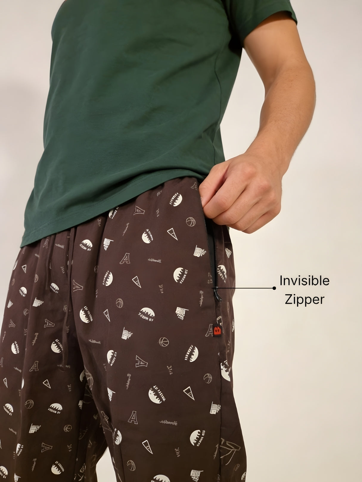 Boxy Crew Men's Night Suit Set - Green T-Shirt & Brown Printed Lounge Pyjama, 100% Cotton Sleepwear, No-Mark Elastic, Invisible Zip Pocket, Drawcord, Dual Pockets, Relaxed Fit, – product image 4