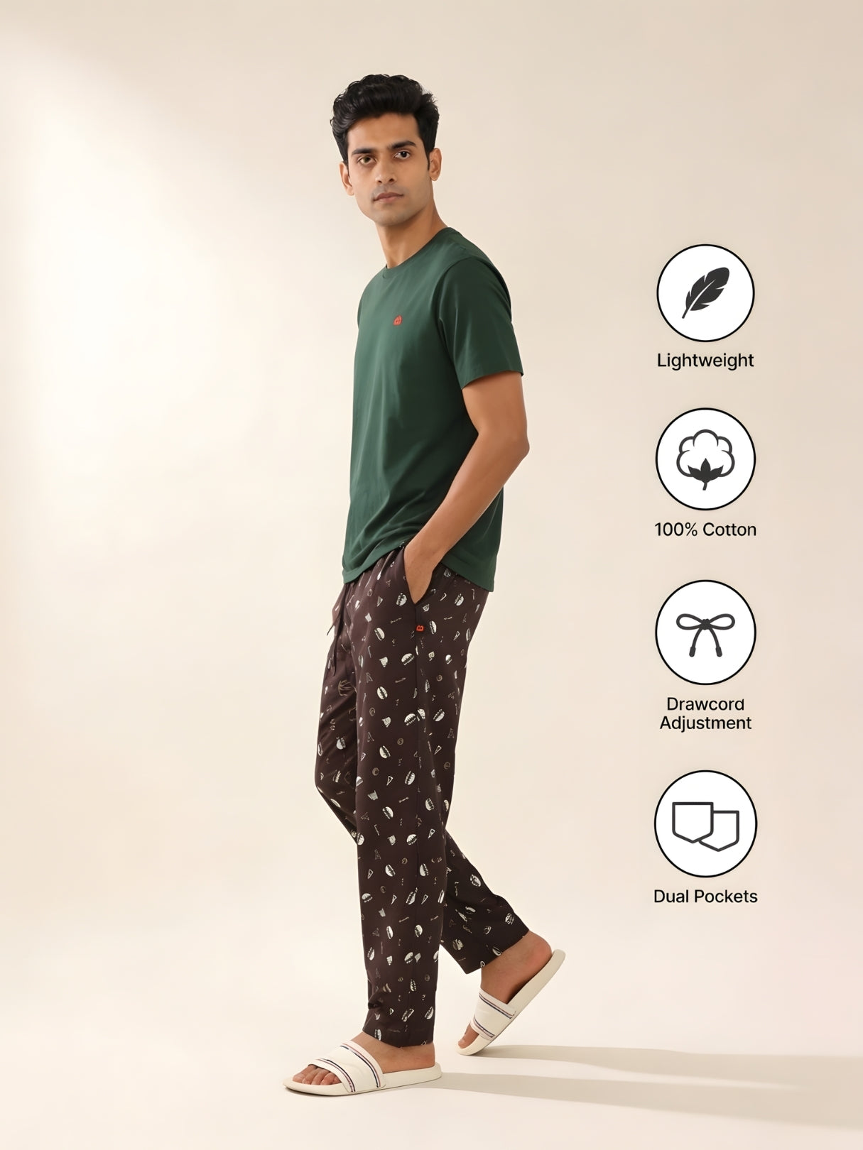 Boxy Crew Men's Night Suit Set - Green T-Shirt & Brown Printed Lounge Pyjama, 100% Cotton Sleepwear, No-Mark Elastic, Invisible Zip Pocket, Drawcord, Dual Pockets, Relaxed Fit, – product image 5