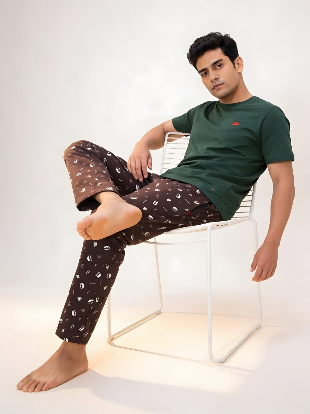Boxy Crew Men's Night Suit Set - Green T-Shirt & Brown Printed Lounge Pyjama, 100% Cotton Sleepwear, No-Mark Elastic, Invisible Zip Pocket, Drawcord, Dual Pockets, Relaxed Fit, – product image 6